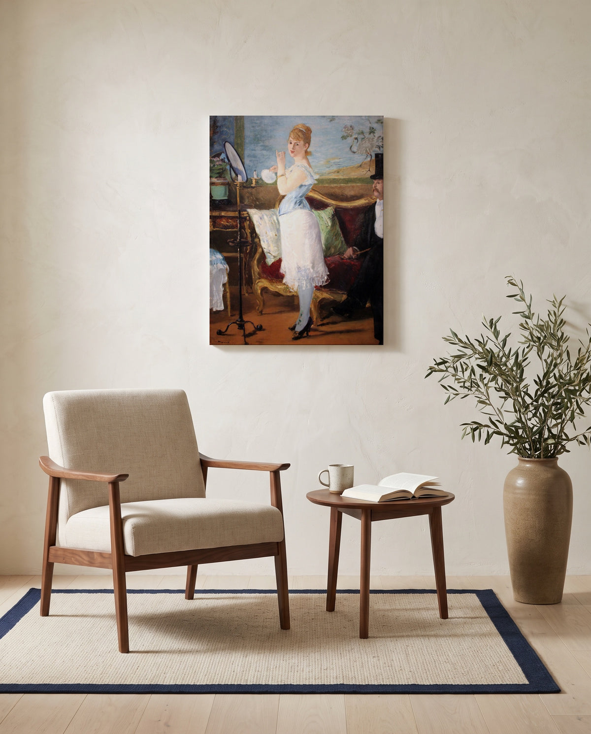 Nana by Édouard Manet as a stretched canvas above a linen lounge chair in a reading corner