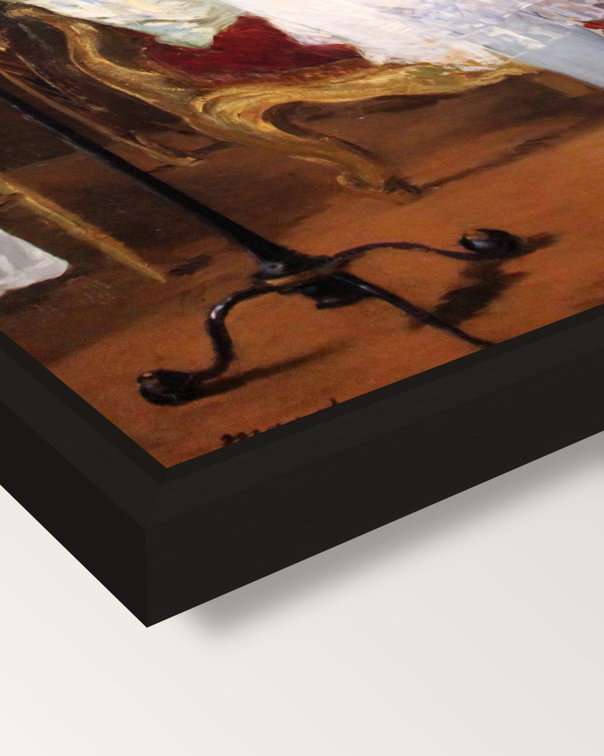 Nana by Édouard Manet framed canvas, corner close-up: a black floating frame with a shadow gap round the canvas