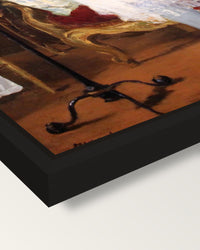 Nana by Édouard Manet framed canvas, corner close-up: a black floating frame with a shadow gap round the canvas