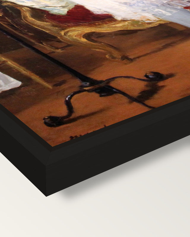 Nana by Édouard Manet framed canvas, corner close-up: a black floating frame with a shadow gap round the canvas