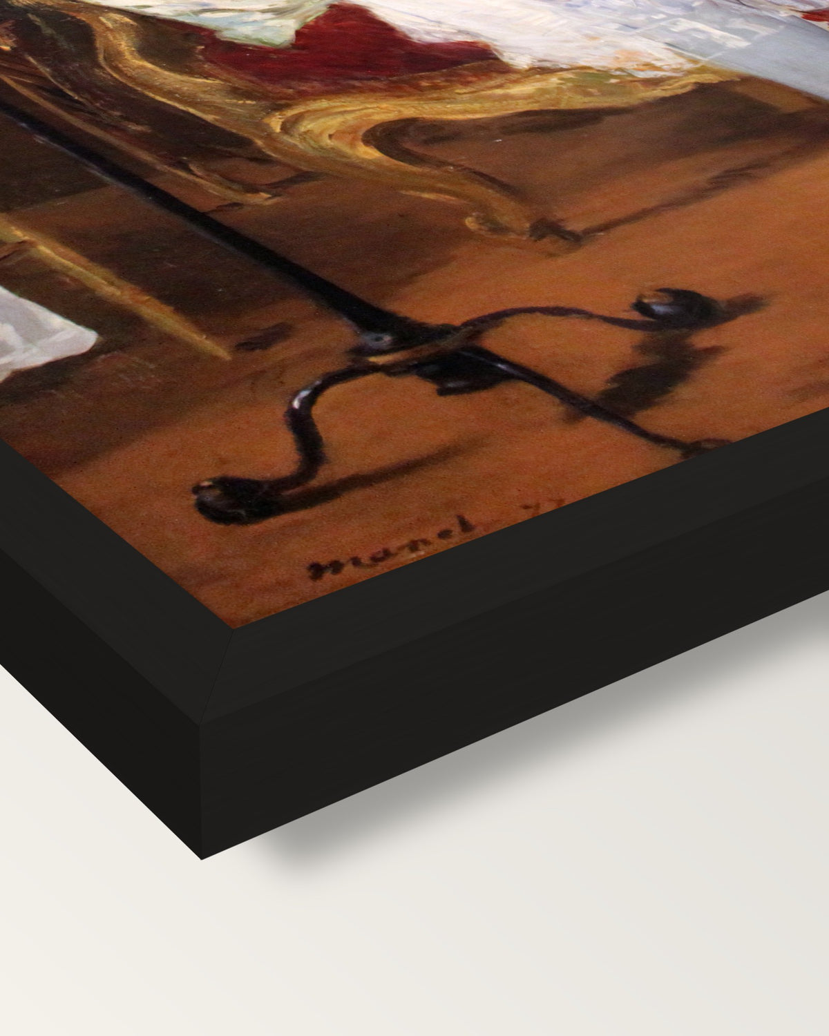 Nana by Édouard Manet framed print, corner close-up: black moulding, mitred, the print set just below its edge