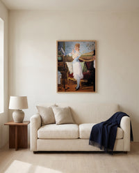 Nana by Édouard Manet framed in natural oak above a cream sofa in a warm living room
