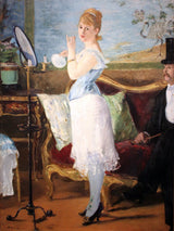 Nana by Édouard Manet: a young woman in a blue corset and white petticoat at a mirror, a man in a top hat seated on a sofa
