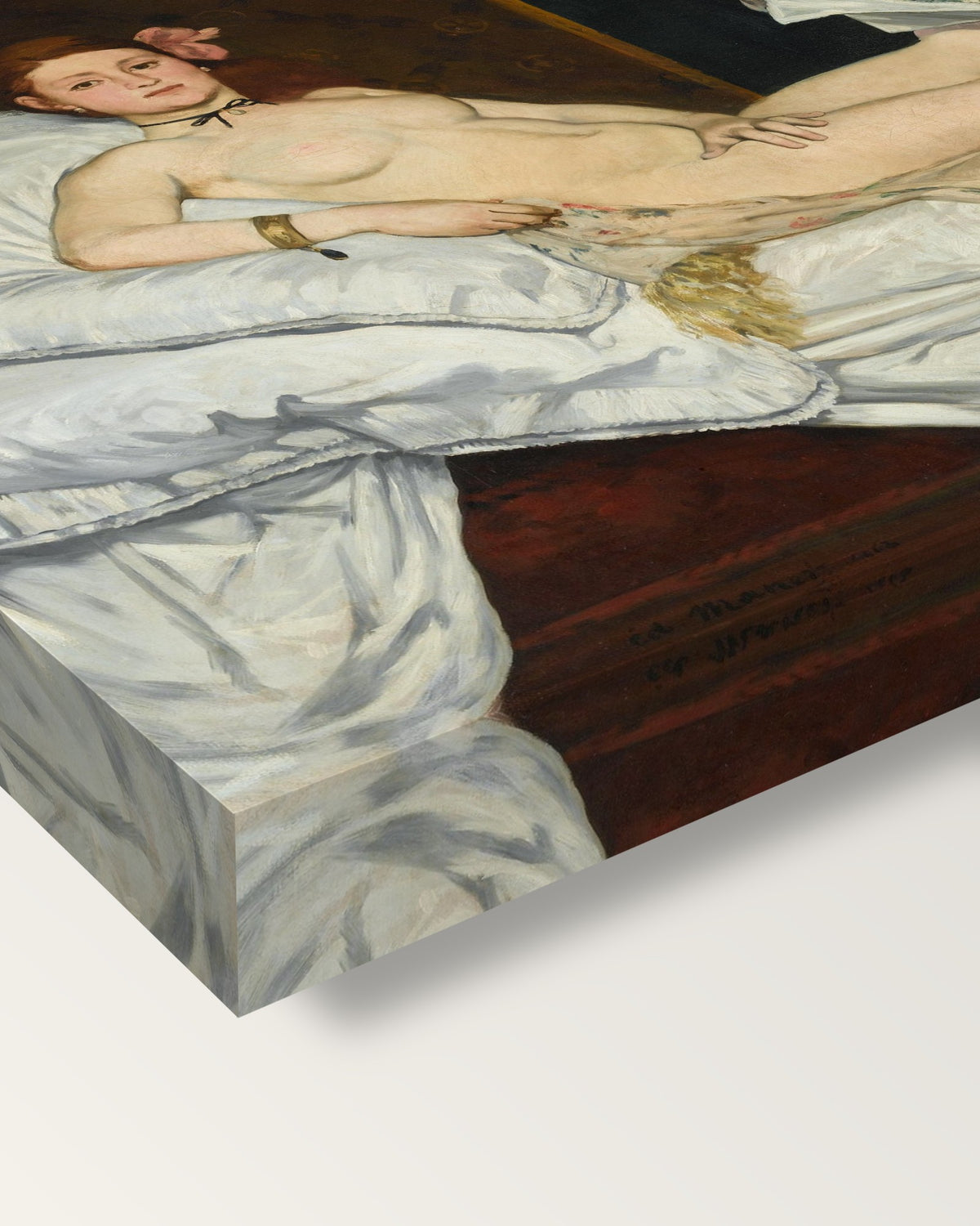 Olympia by Édouard Manet on stretched canvas, corner close-up: the painting mirror-wrapped round the sides