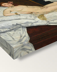 Olympia by Édouard Manet on stretched canvas, corner close-up: the painting mirror-wrapped round the sides