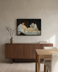 Olympia by Édouard Manet in a black frame above a walnut sideboard in a dining room