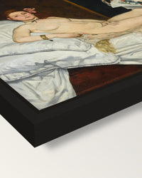 Olympia by Édouard Manet framed canvas, corner close-up: a black floating frame with a shadow gap round the canvas
