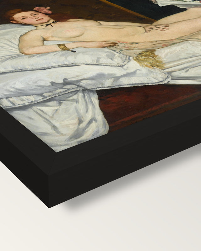 Olympia by Édouard Manet framed print, corner close-up: black moulding, mitred, the print set just below its edge