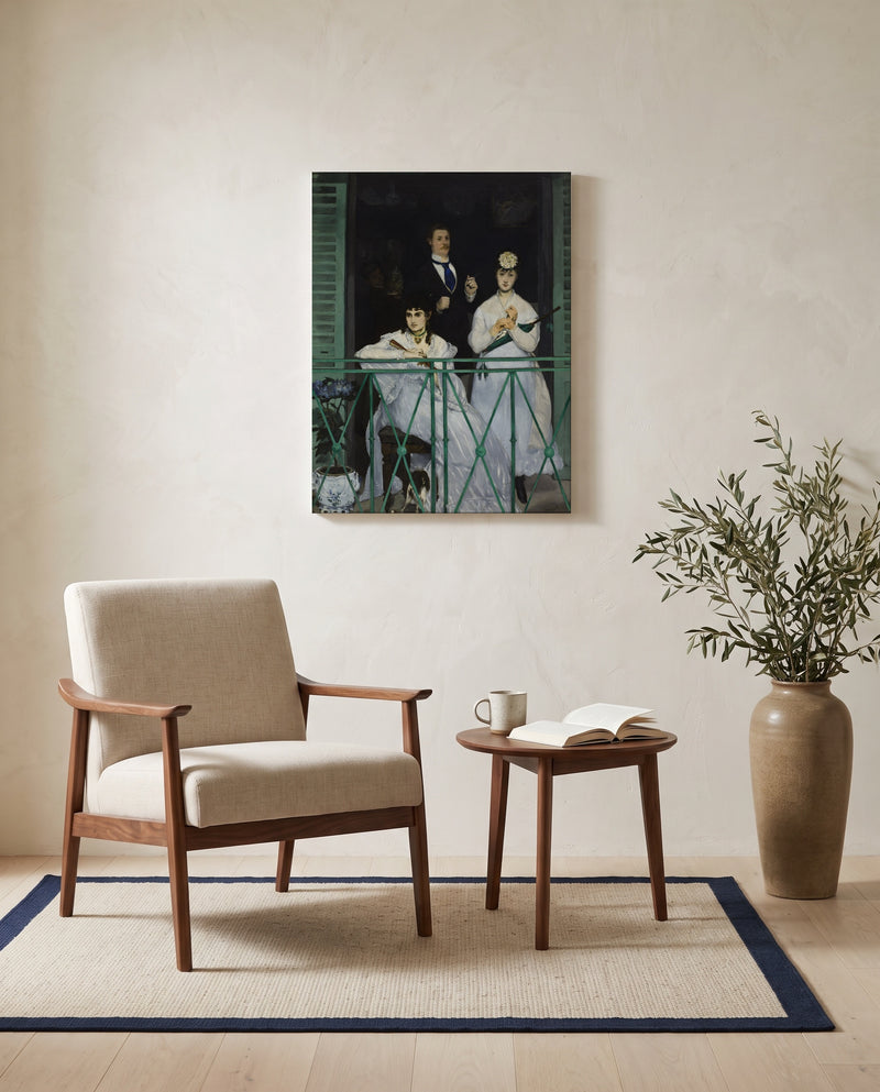 The Balcony by Édouard Manet as a stretched canvas above a linen lounge chair in a reading corner