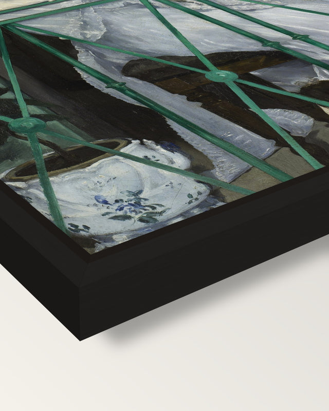 The Balcony by Édouard Manet framed canvas, corner close-up: a black floating frame with a shadow gap round the canvas
