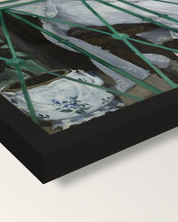 The Balcony by Édouard Manet framed print, corner close-up: black moulding, mitred, the print set just below its edge