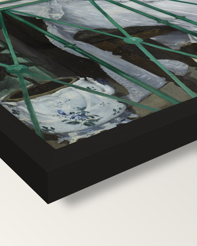 The Balcony by Édouard Manet framed print, corner close-up: black moulding, mitred, the print set just below its edge