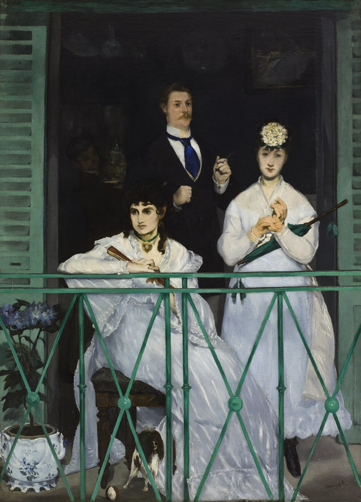 The Balcony by Édouard Manet: two women in white and a man in black behind bright green railings, a dark room behind