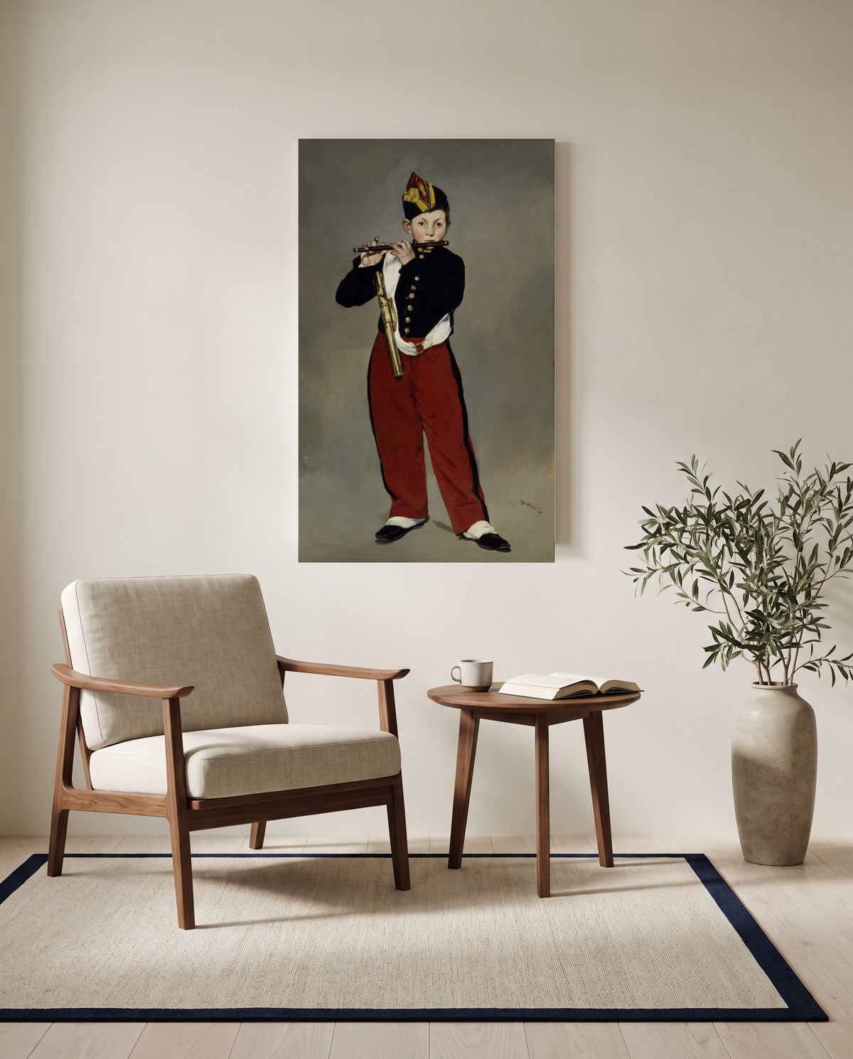 The Fifer by Édouard Manet as a stretched canvas above a linen lounge chair in a reading corner