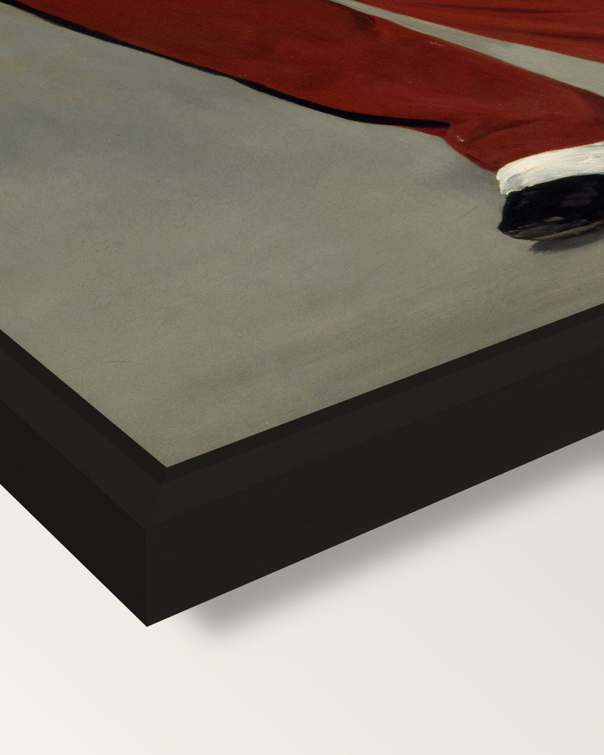 The Fifer by Édouard Manet framed canvas, corner close-up: a black floating frame with a shadow gap round the canvas