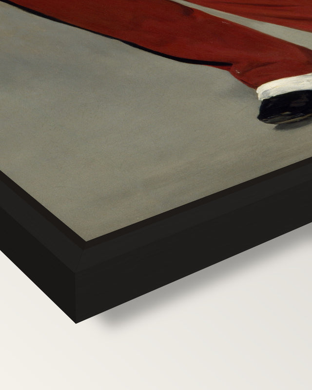 The Fifer by Édouard Manet framed canvas, corner close-up: a black floating frame with a shadow gap round the canvas
