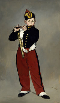 The Fifer by Édouard Manet: a boy in a dark jacket, red trousers and cap playing a fife against a plain grey background