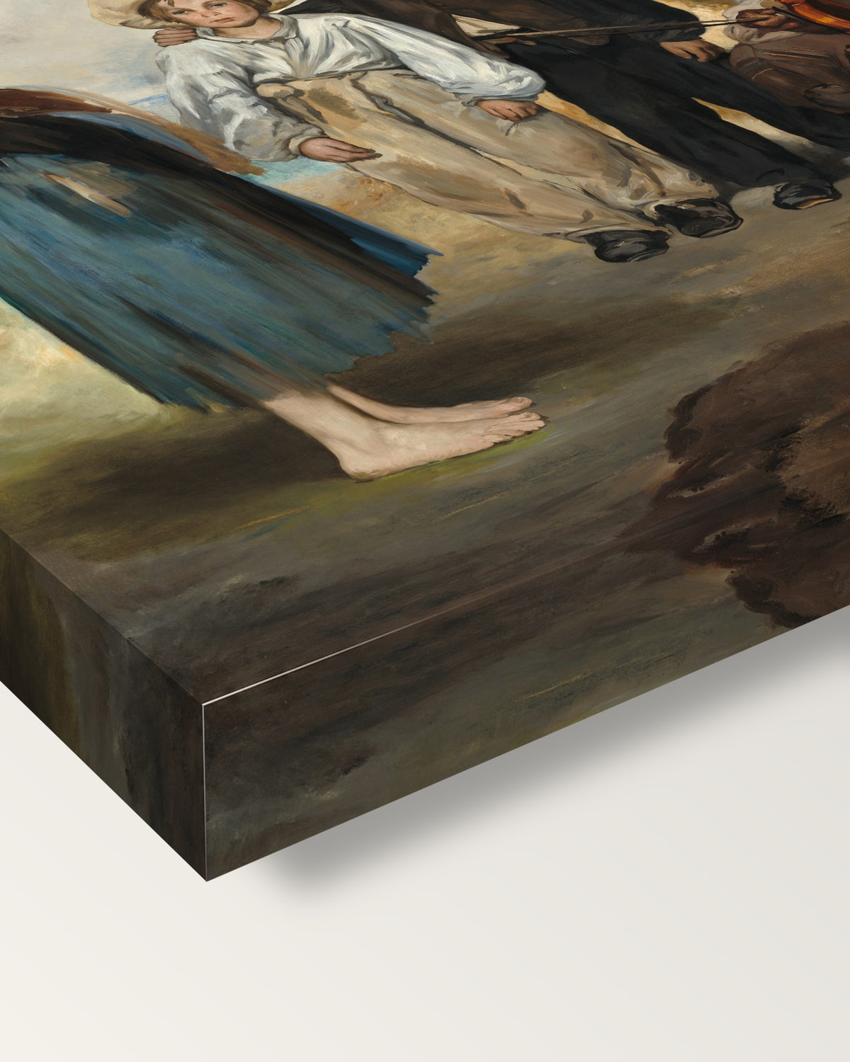 The Old Musician by Édouard Manet on stretched canvas, corner close-up: the painting mirror-wrapped round the sides