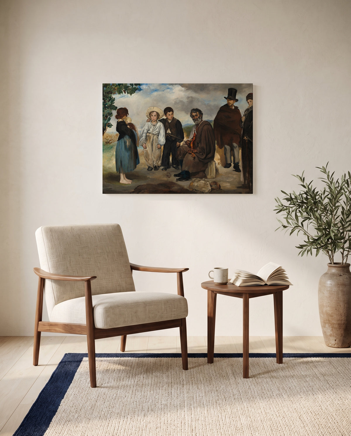 The Old Musician by Édouard Manet as a stretched canvas above a linen lounge chair in a reading corner