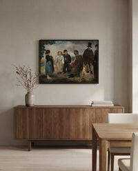The Old Musician by Édouard Manet in a black frame above a walnut sideboard in a dining room