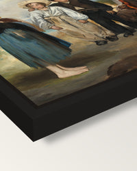 The Old Musician by Édouard Manet framed canvas, corner close-up: a black floating frame with a shadow gap round the canvas