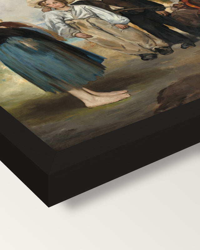 The Old Musician by Édouard Manet framed print, corner close-up: black moulding, mitred, the print set just below its edge