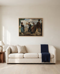 The Old Musician by Édouard Manet framed in natural oak above a cream sofa in a warm living room