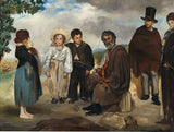 The Old Musician by Édouard Manet: an old violinist seated among a girl holding a baby, two boys and a man in a top hat