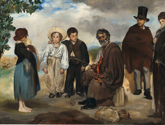 The Old Musician by Édouard Manet: an old violinist seated among a girl holding a baby, two boys and a man in a top hat