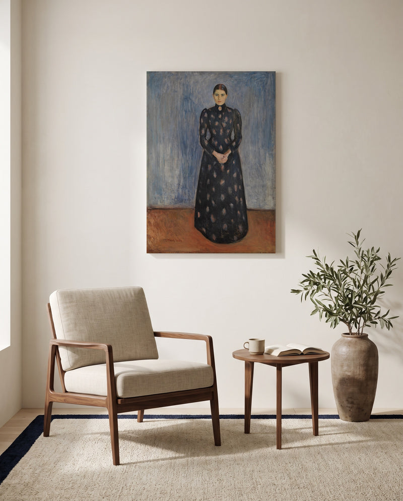 Inger in Black and Violet by Edvard Munch as a stretched canvas above a linen lounge chair in a reading corner