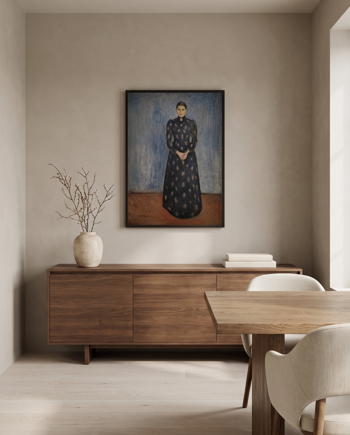 Inger in Black and Violet by Edvard Munch in a black frame above a walnut sideboard in a dining room