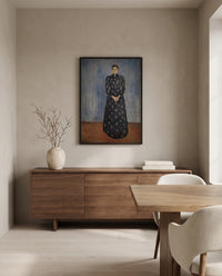 Inger in Black and Violet by Edvard Munch in a black frame above a walnut sideboard in a dining room