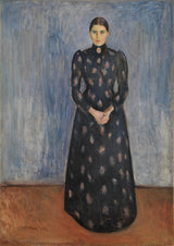 Inger in Black and Violet by Edvard Munch: his sister in a long black dress with violet flecks against a blue-grey wall