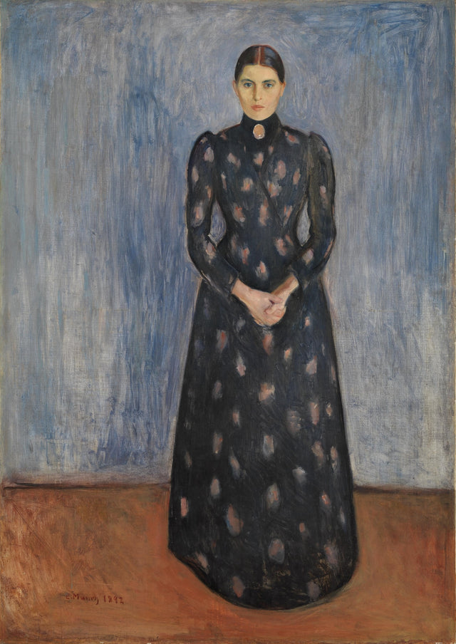Inger in Black and Violet by Edvard Munch: his sister in a long black dress with violet flecks against a blue-grey wall