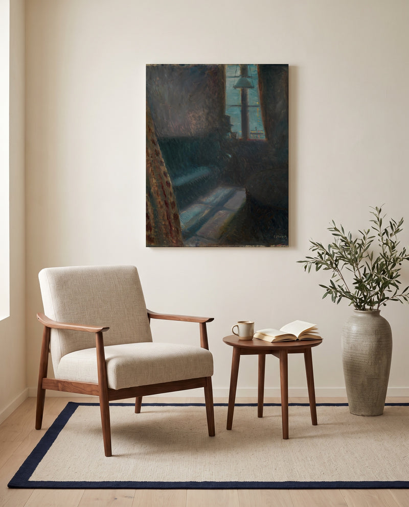 Night in Saint-Cloud by Edvard Munch as a stretched canvas above a linen lounge chair in a reading corner