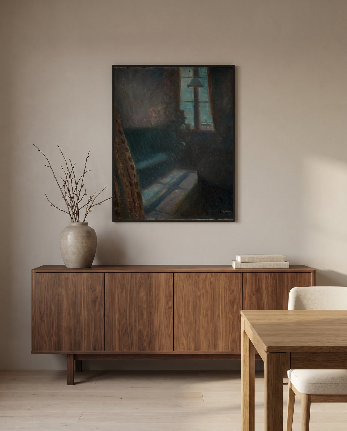 Night in Saint-Cloud by Edvard Munch in a black frame above a walnut sideboard in a dining room