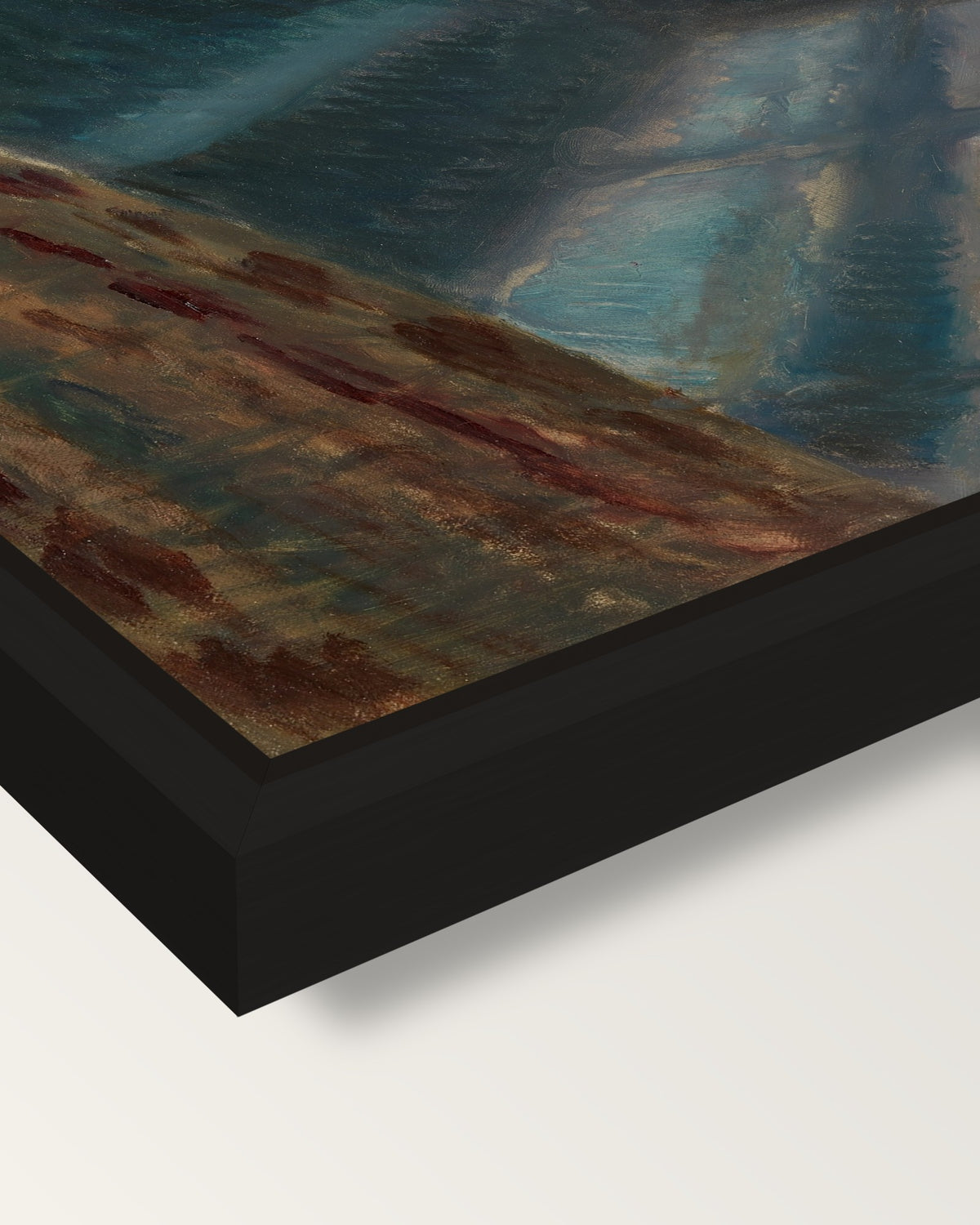 Night in Saint-Cloud by Munch framed canvas, corner close-up: a black floating frame with a shadow gap round the canvas