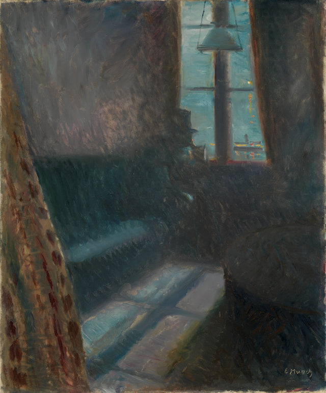 Night in Saint-Cloud by Edvard Munch: a dark blue room, a man by a window, the window’s cross of light on the floor