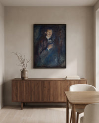 Self-Portrait with Cigarette by Edvard Munch in a black frame above a walnut sideboard in a dining room
