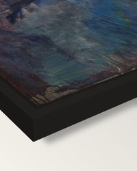 Self-Portrait with Cigarette framed canvas, corner close-up: a black floating frame with a shadow gap round the canvas