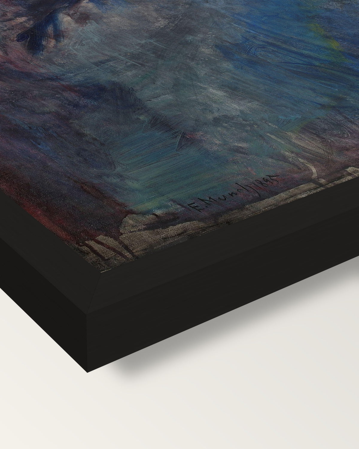 Self-Portrait with Cigarette framed print, corner close-up: black moulding, mitred, the print set just below its edge