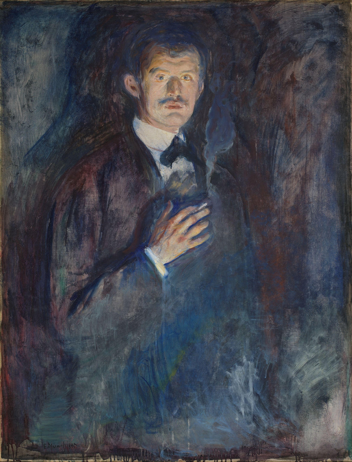 Self-Portrait with Cigarette by Edvard Munch: the painter holding a cigarette, his face lit from below in a blue haze