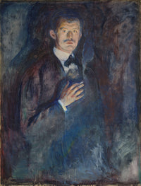 Self-Portrait with Cigarette by Edvard Munch: the painter holding a cigarette, his face lit from below in a blue haze