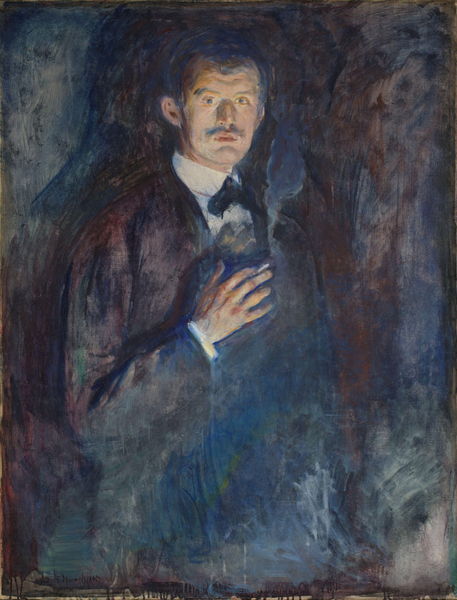 Self-Portrait with Cigarette by Edvard Munch: the painter holding a cigarette, his face lit from below in a blue haze