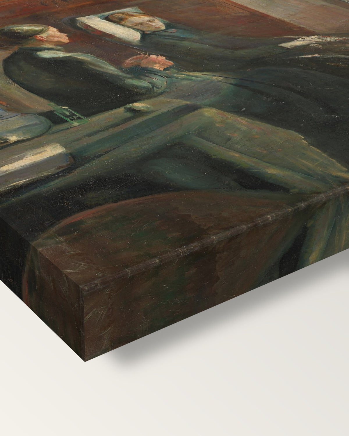 Spring by Edvard Munch on stretched canvas, corner close-up: the painting mirror-wrapped round the sides