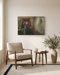 Spring by Edvard Munch as a stretched canvas above a linen lounge chair in a reading corner