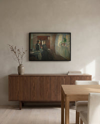 Spring by Edvard Munch in a black frame above a walnut sideboard in a dining room