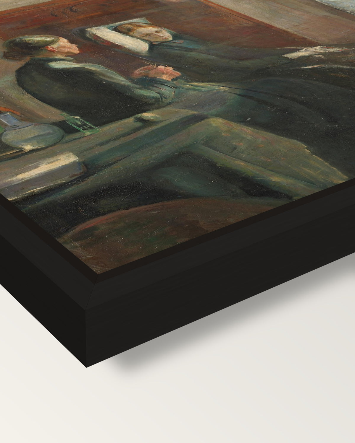 Spring by Edvard Munch framed canvas, corner close-up: a black floating frame with a shadow gap round the canvas