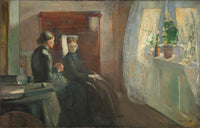 Spring by Edvard Munch: a pale girl in a chair and an older woman by a bright window with white curtains and plants