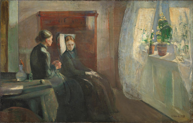 Spring by Edvard Munch: a pale girl in a chair and an older woman by a bright window with white curtains and plants